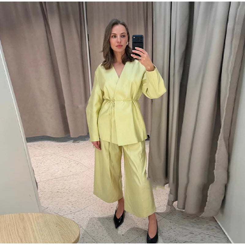 Elegant Stain Loose Jacket Pants Suit Women Solid Lace Up Full Sleeve V-neck Jackets Wide Leg Trousers Fashion Street Sets Lady