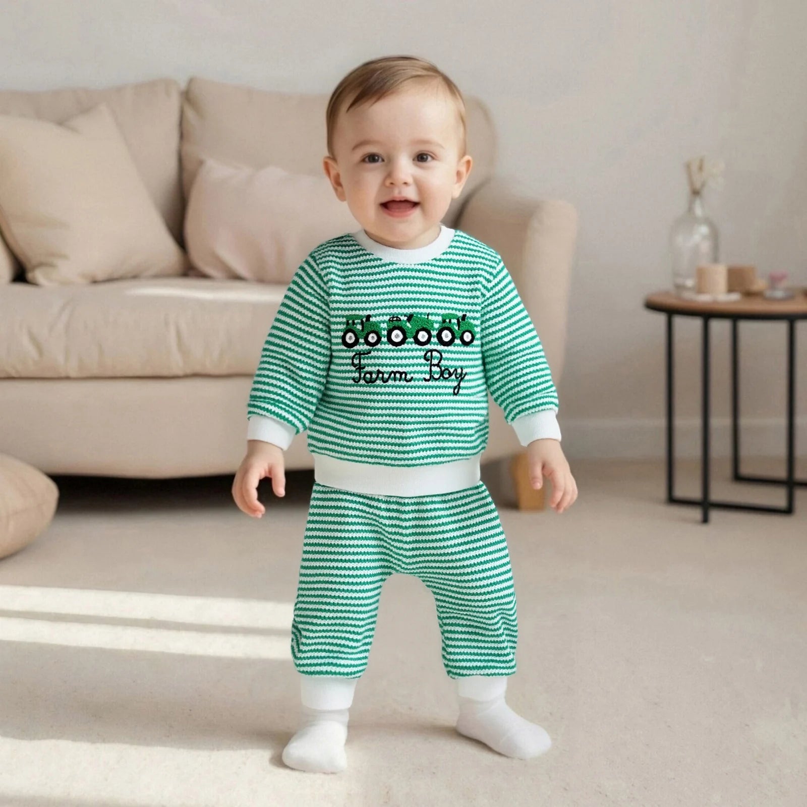 Baby Boy Truck Embroidery Striped Sweatshirt & Joggers Set
