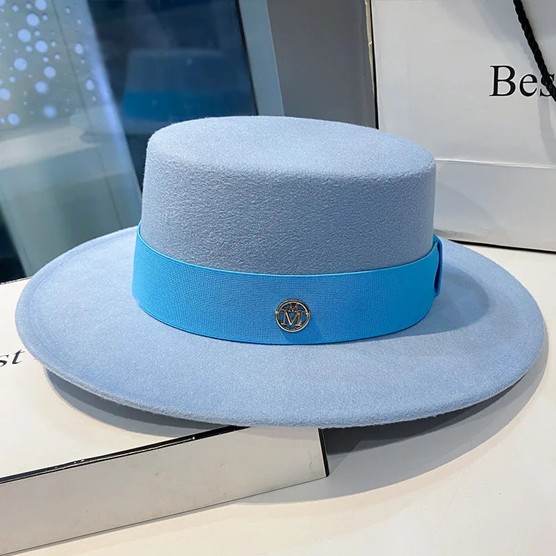 Women's Flat Top Fedora Hat with Ribbon Band – Elegant Panama Bowler for Church, Wedding & Party
