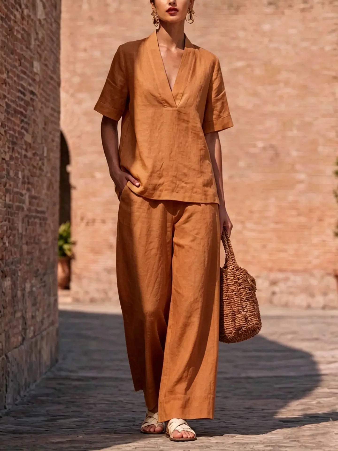 Summer Casual V-neck Short-sleeved Women Trousers 2-piece Set Fashion Casual Loose Wide-leg Trousers Female Lazy Daily Suit 2026