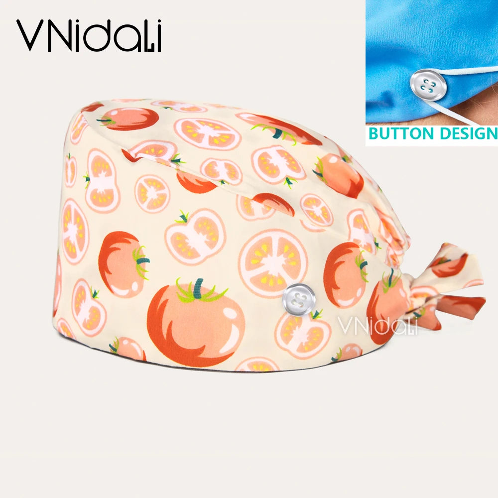 Floral Cotton Scrub Cap with Button – Adjustable Surgical Hat for Nurses, Doctors & Pet Groomers | 17 Colors