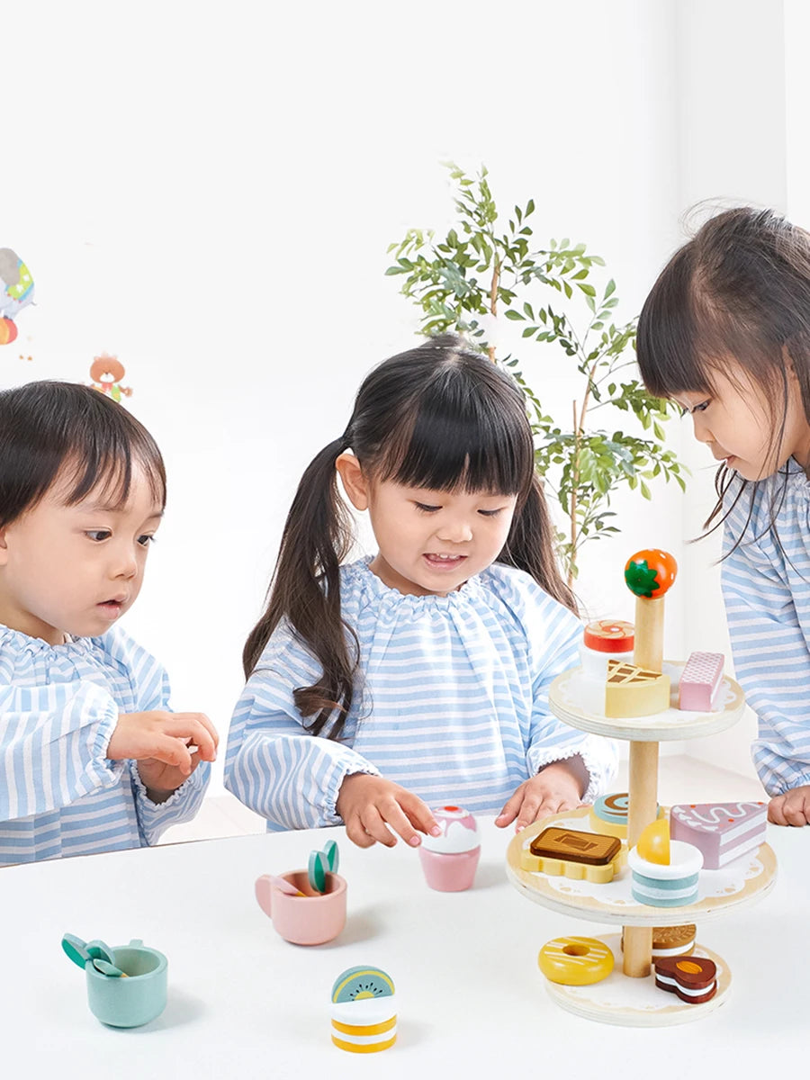 Tea Party Set Dessert Stand Playset ,Wooden Toys Pretend Play Food Kitchen Accessories for Toddler Tea Set Birthday Gift