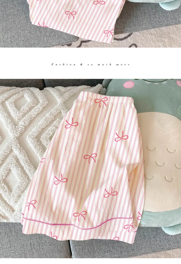 Women Summer Pajamas Three-piece Set Leisure Sleepwear Short Sleeve Lapel Sweet Bowknot Striped Print Homewear Female Loungewear