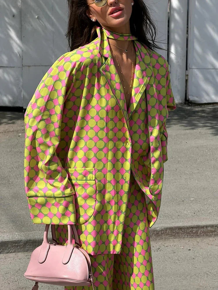 Loose Geometric Print Shirt Pant Sets for Women Ribbon Lapel Full Sleeve Pocket Shirts Wide Leg Trouser Summer Casual Suits