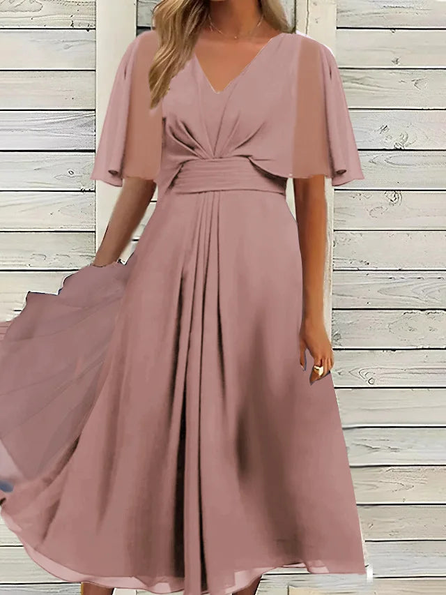 Women's V-Neck Ruffle Chiffon A-Line Maxi Dress