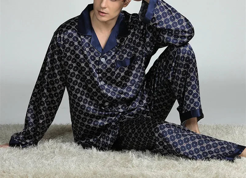 Men's Satin Ice Silk Printed Pajama Set – Long Sleeve Top & Pants, 10 Prints, Sizes L–3XL