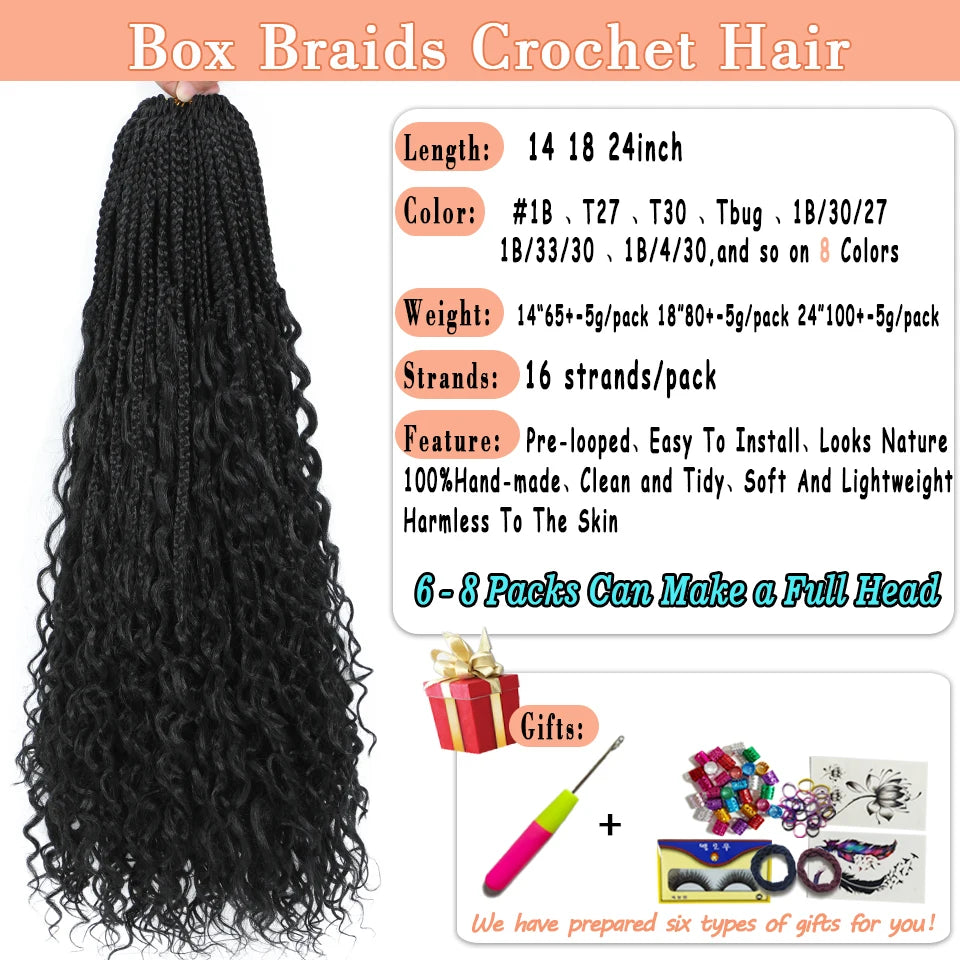 Goddess Box Braids Crochet Hair 14 18 24 Inch Bohemian Hippie Box Braids With Curly Ends Synthetic Braiding Hair for Black Women