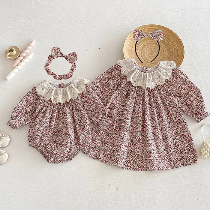 2026 New Spring Sister Dress Kids Princess Dresses Long Sleeved Cotton Print 2-7Yrs Girl Party Dress Baby Girl Romper
