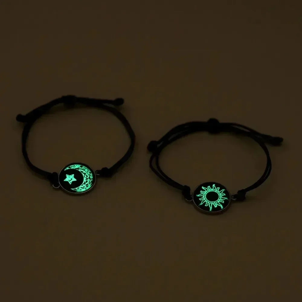 Handmade Braided Couple Bracelets Sun Moon Themed Glow In The Dark Glass Bead Adjustable Rope Wrist Jewelry Romantic Matching Accessory Gift