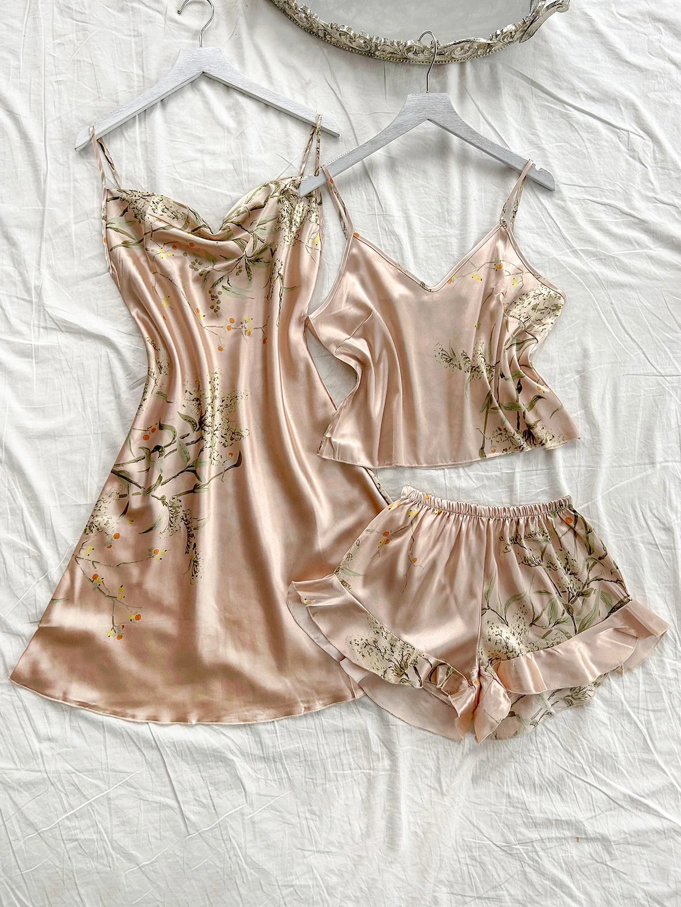 Women's Cherry Print 3-Piece Spaghetti Strap Pajama Set – Halter Dress Sleepwear & Loungewear
