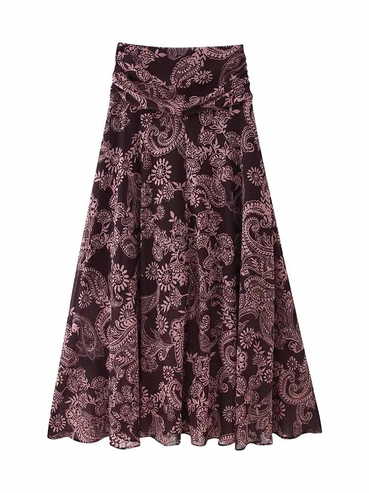 HH 2026 Woman New Early Spring Fashion Chiffon Printing Pleated Decoration Large Hem Midi Skirt Female Casual Chic Party Skirt