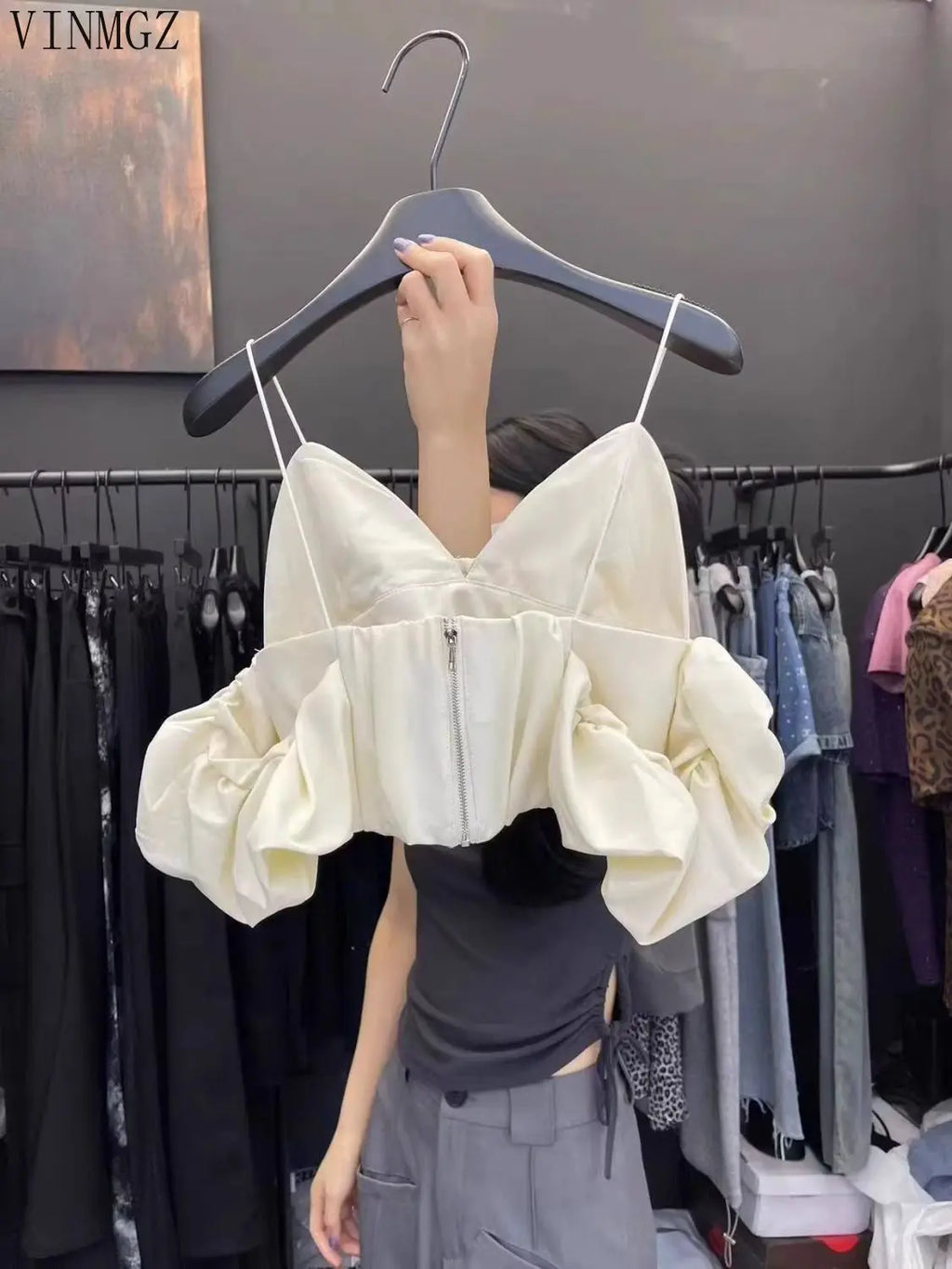 Women's clothing 2025 spring and summer new V-neck off-the-shoulder bubble sleeve pleated short suspender vest women