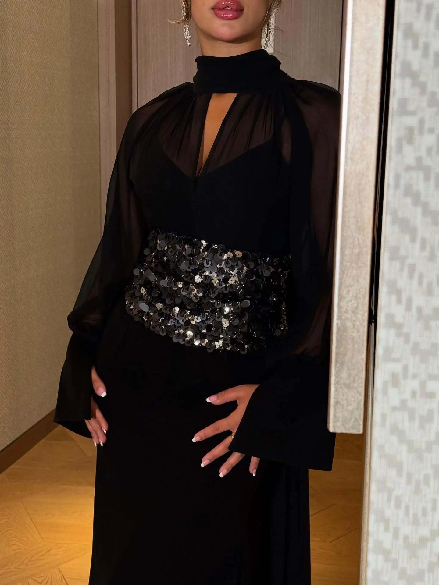 2026 Autumn Winter New Women's Clothing Middle East Chiffon Sequin Waist Dress Gown
