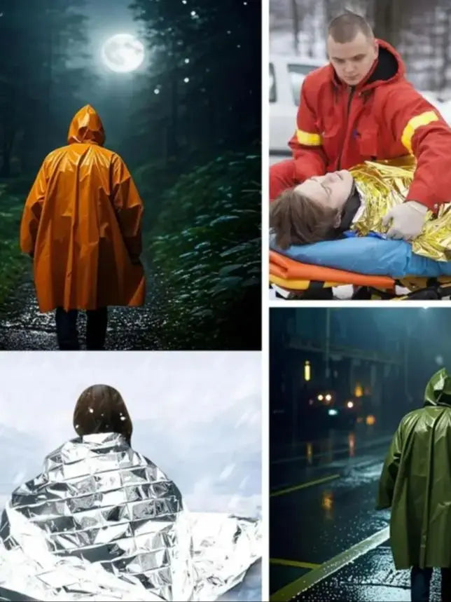 4X Survival Gear kit, Emergency Poncho (2pc), Emergency Space Blanket (2pc), Mylar Liner - Retains 92% Body Heat