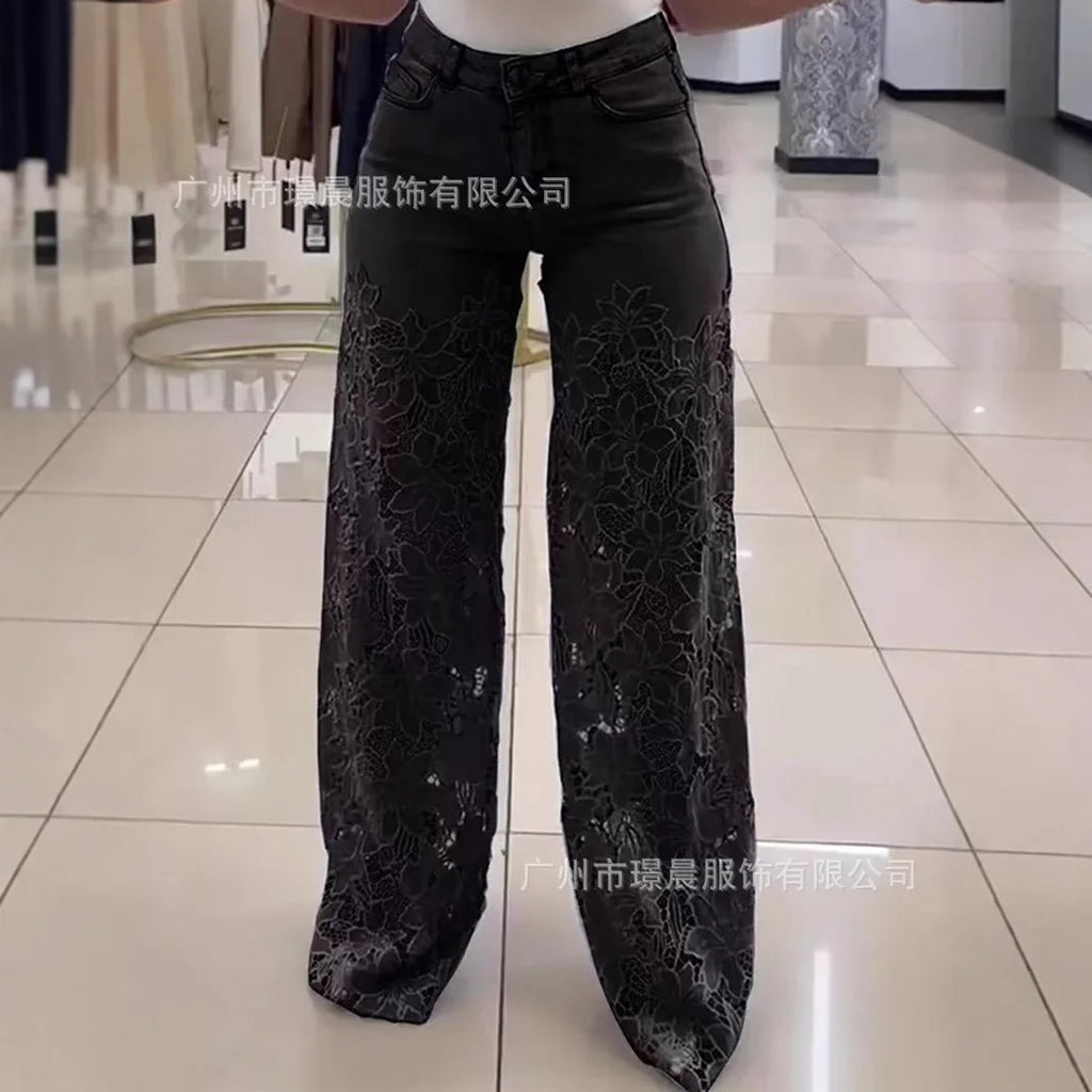 2026 Women's Patchwork Lace Hollow Out Pants Spring Summer Solid Color High-Waist Wide-Leg Pants Female Straight Trousers