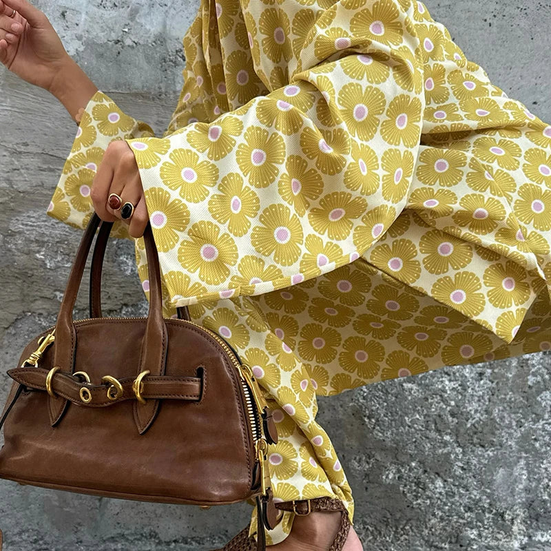 Loose Geometric Print Shirt Pant Sets for Women Ribbon Lapel Full Sleeve Pocket Shirts Wide Leg Trouser Summer Casual Suits
