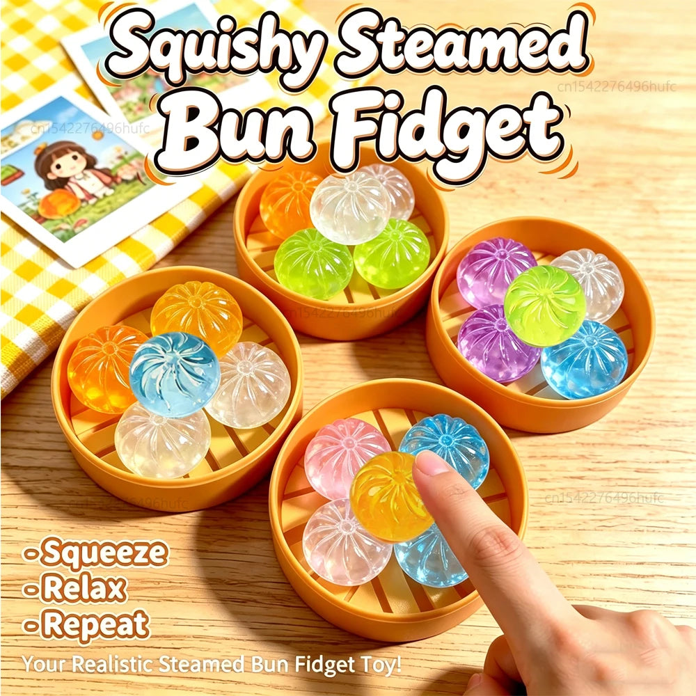 Mini Dumpling Squishy Set with Steamer | 5-Piece Crystal Stress Relief Fidget Toy