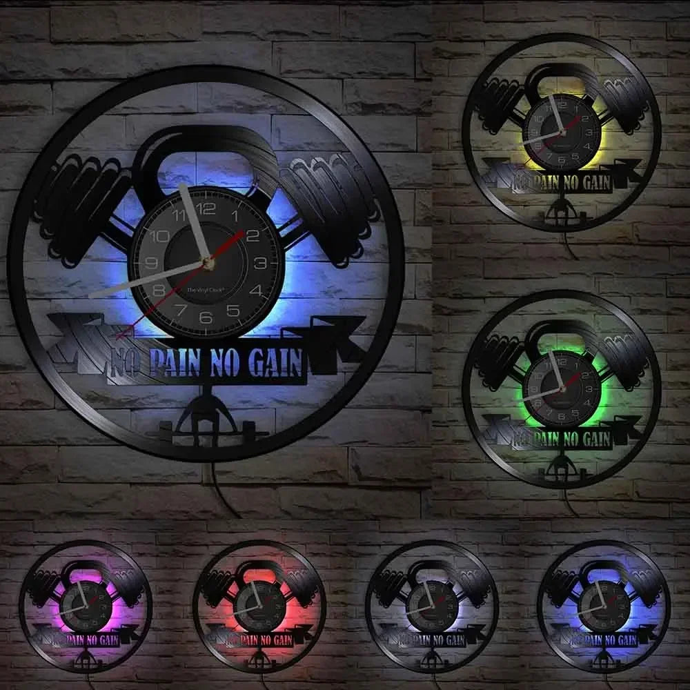 Fitness Theme Vinyl Record Wall Clock – LED Backlight Home Décor | 30cm
