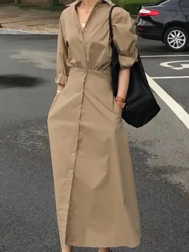 Women's Summer Long Dresses 2026 Spring Fall New Clothes Blue Puff Sleeves Botton Simple Casual Maxi Shirts Dresses for Women
