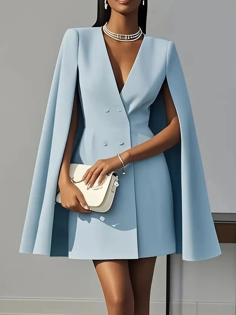 Women's Solid Blazer-Style Cape Sleeve Midi Dress – Elegant Office & Party Dress in 4 Colors