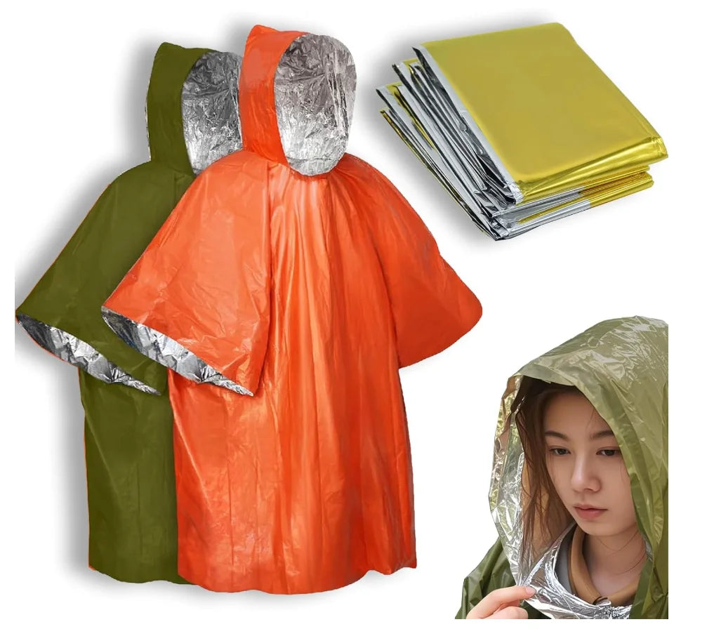 4X Survival Gear kit, Emergency Poncho (2pc), Emergency Space Blanket (2pc), Mylar Liner - Retains 92% Body Heat