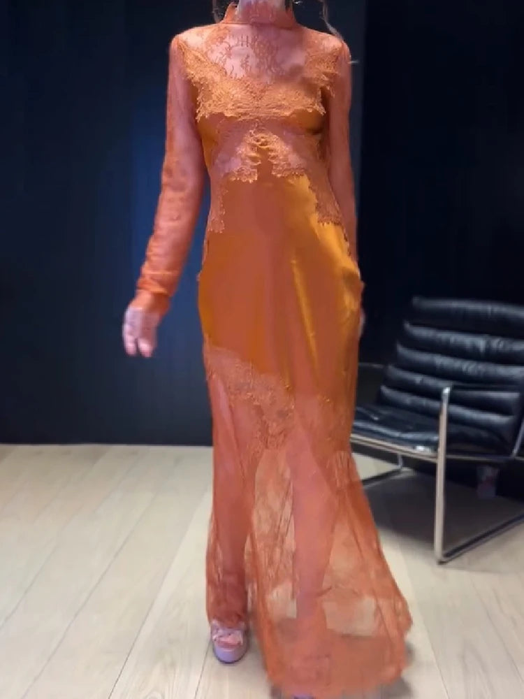 Women Luxury Lace Overlay Satin Maxi Skirt Long Sleeve Slim Fit Sheer Mermaid Hem Party Dress Formal Evening Date Activity Gown