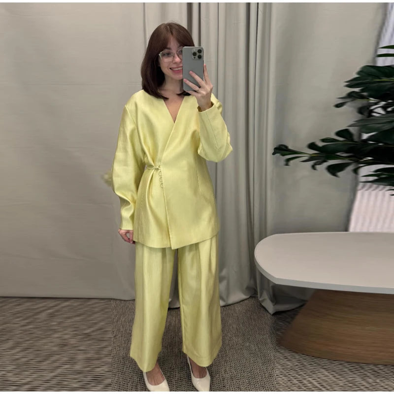 Elegant Stain Loose Jacket Pants Suit Women Solid Lace Up Full Sleeve V-neck Jackets Wide Leg Trousers Fashion Street Sets Lady