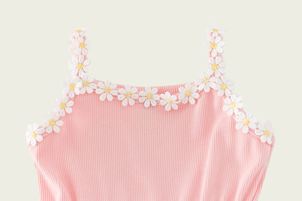 2026 Summer Girls Sling Dress Cute Daisy Print Tulle Skirt Casual Party Dress Kids Princess Dress with Lace Flower Trim 2-8Years
