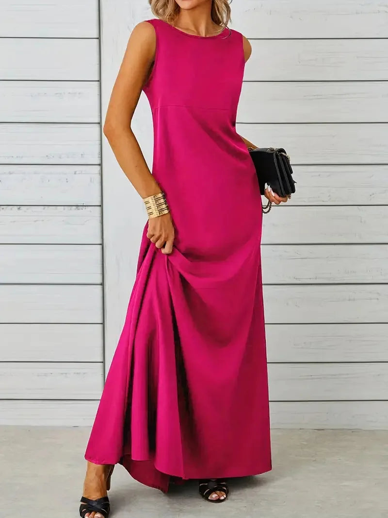 2026 Women's Summer Elegant Long Dress Fashion Solid Sleeveless O-neck Temperament Slim Maxi Dress Ladies A-line Casual Dress