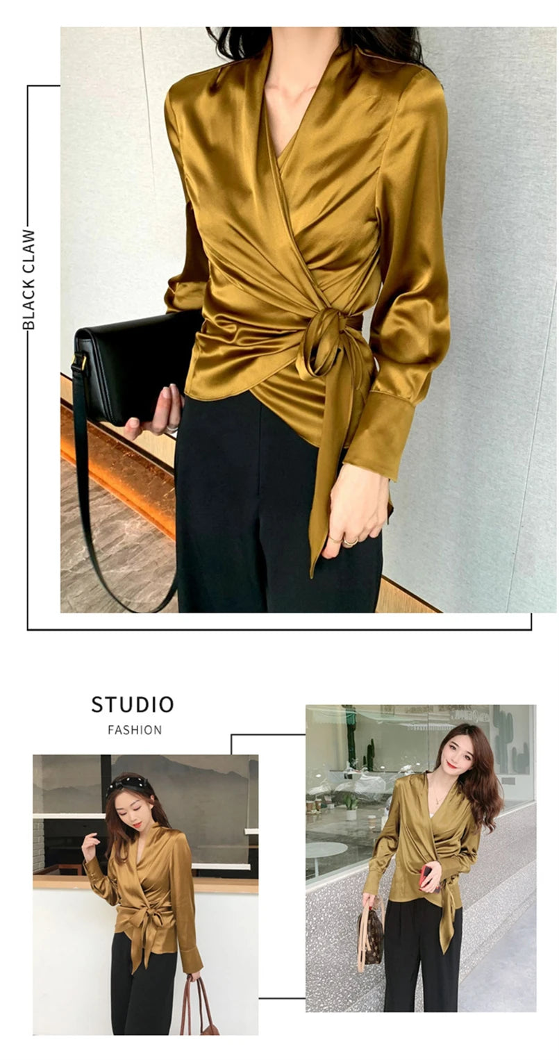 Women's Plus Size Satin Cross Lace-Up Blouse