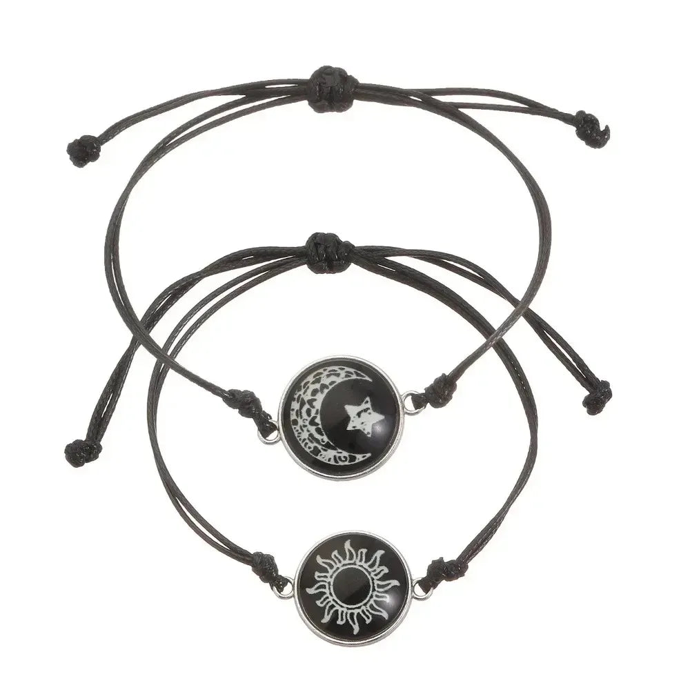 Handmade Braided Couple Bracelets Sun Moon Themed Glow In The Dark Glass Bead Adjustable Rope Wrist Jewelry Romantic Matching Accessory Gift