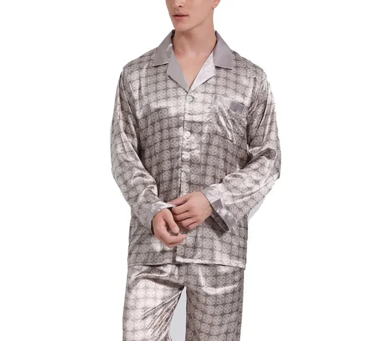 Men's Satin Ice Silk Printed Pajama Set – Long Sleeve Top & Pants, 10 Prints, Sizes L–3XL