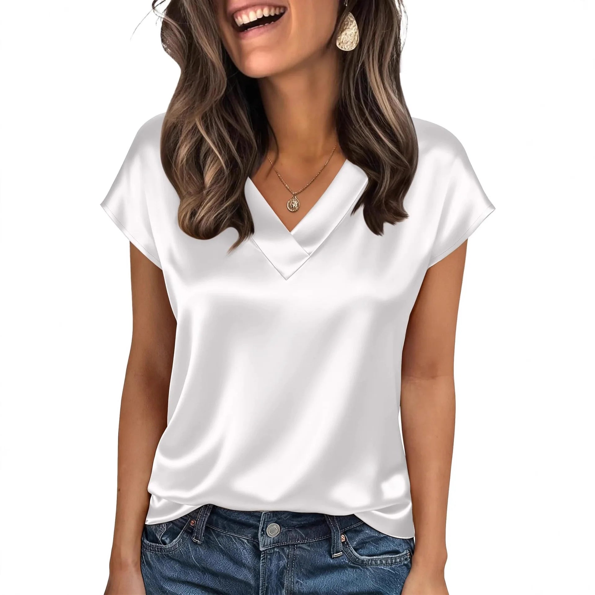 Women's Satin V-Neck Short Sleeve Blouse