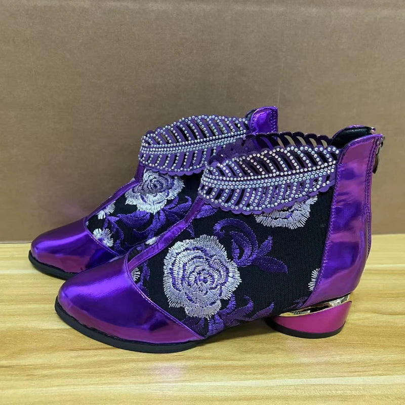 Women's Handmade Embroidered Square Heel Ankle Boots
