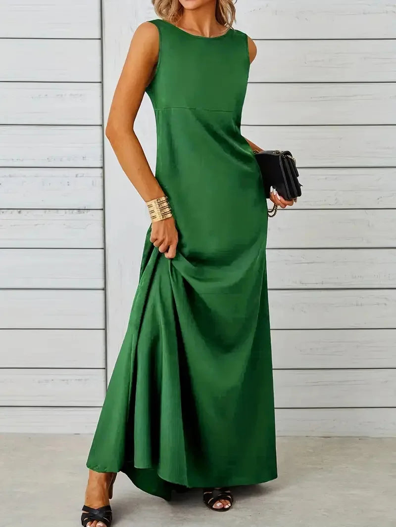 2026 Women's Summer Elegant Long Dress Fashion Solid Sleeveless O-neck Temperament Slim Maxi Dress Ladies A-line Casual Dress