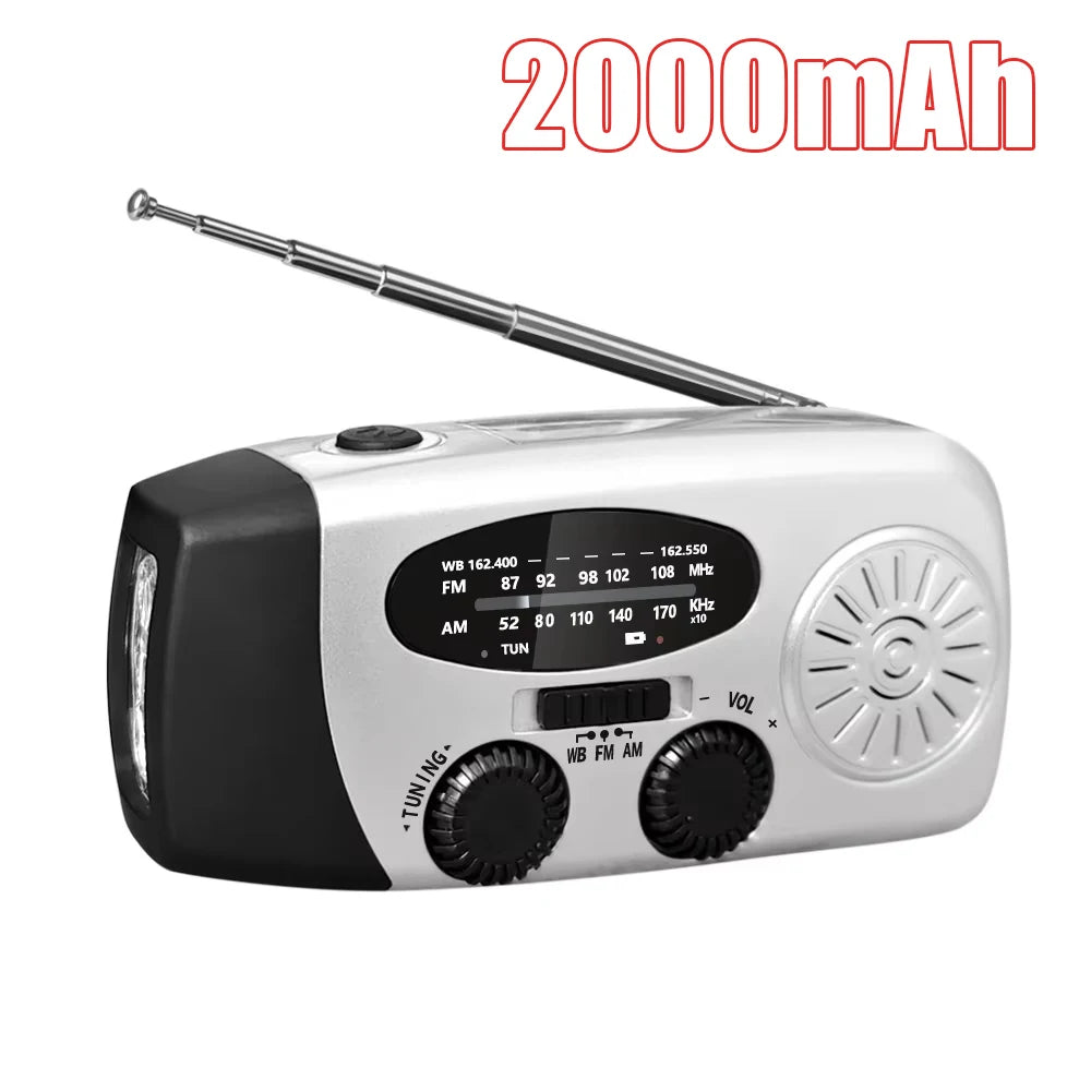 Solar Hand Crank Emergency Weather Radio – 2000mAh Phone Charger, AM/FM & 3 LED Flashlight