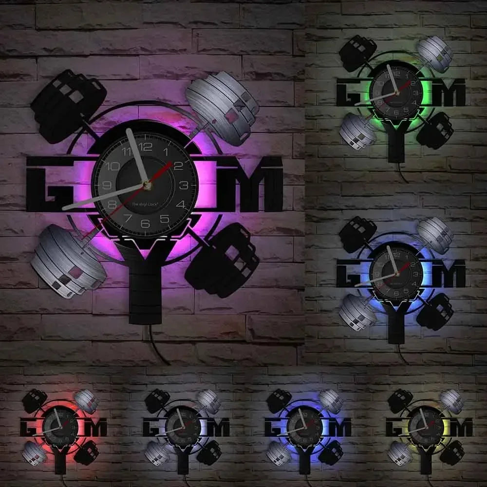 Fitness Theme Vinyl Record Wall Clock – LED Backlight Home Décor | 30cm