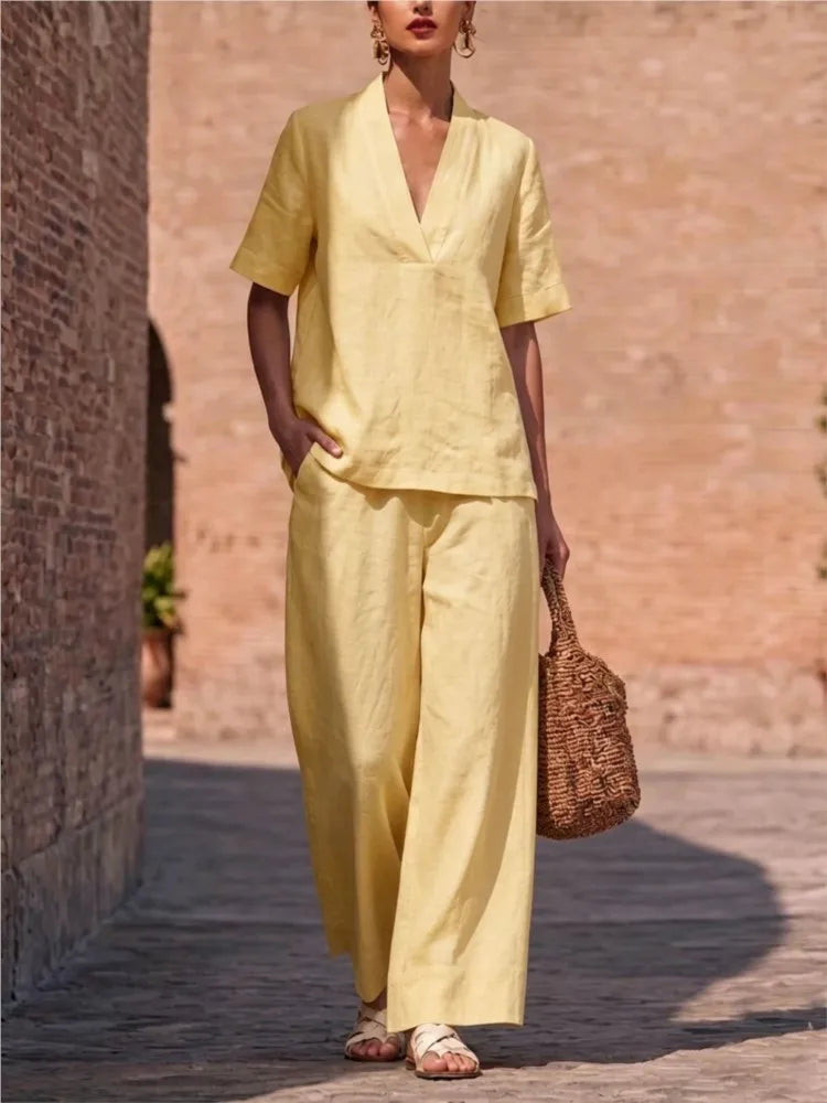 Summer Casual V-neck Short-sleeved Women Trousers 2-piece Set Fashion Casual Loose Wide-leg Trousers Female Lazy Daily Suit 2026