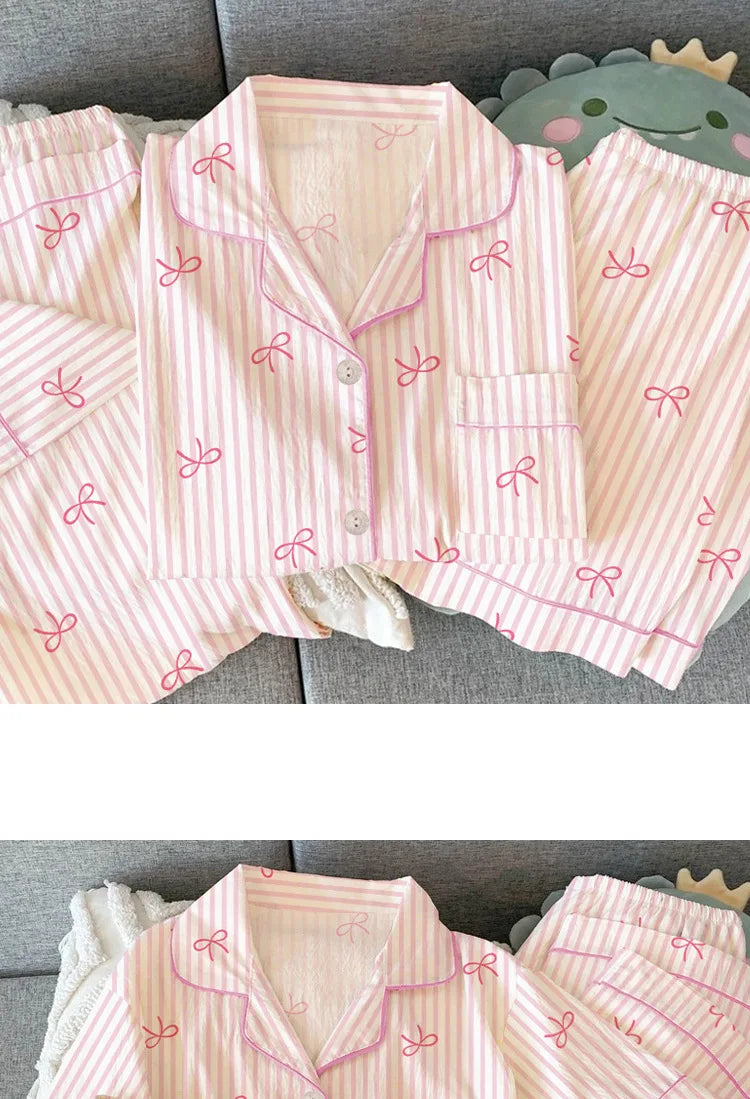 Women Summer Pajamas Three-piece Set Leisure Sleepwear Short Sleeve Lapel Sweet Bowknot Striped Print Homewear Female Loungewear