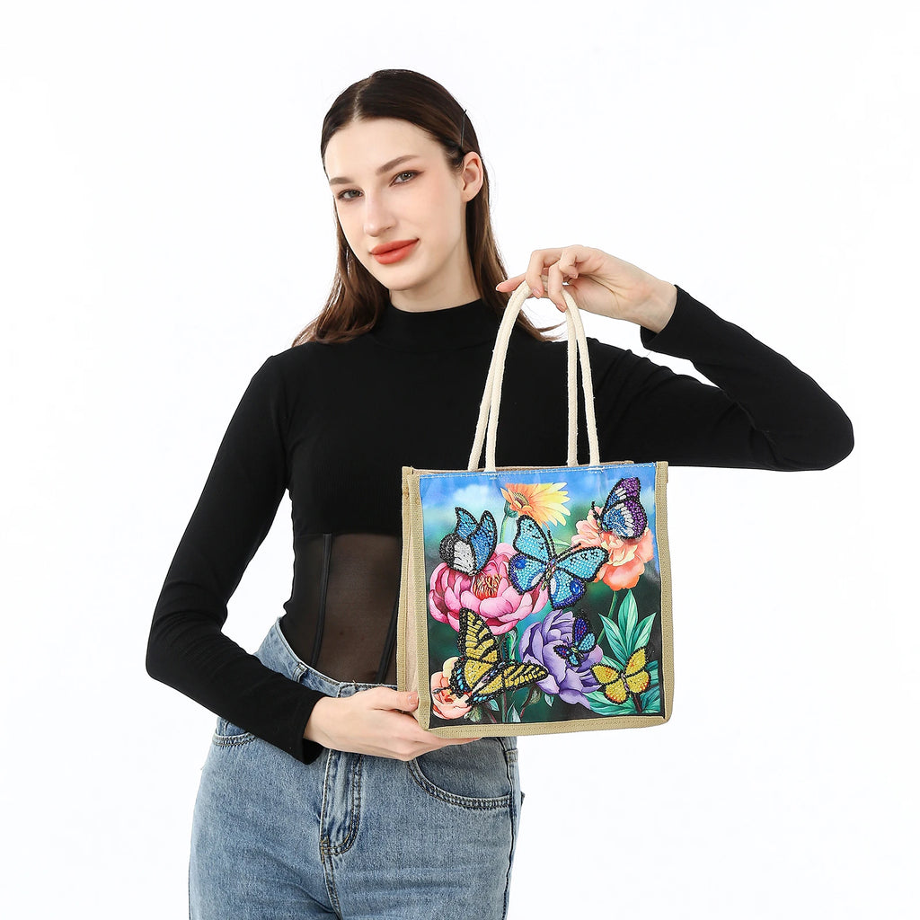Flower Butterfly Diamond Art Painting Tote Bag,5D DIY Rhinestone Cross Stitch Shopping Bag Shoulder Bag Canvas Grocery Bag