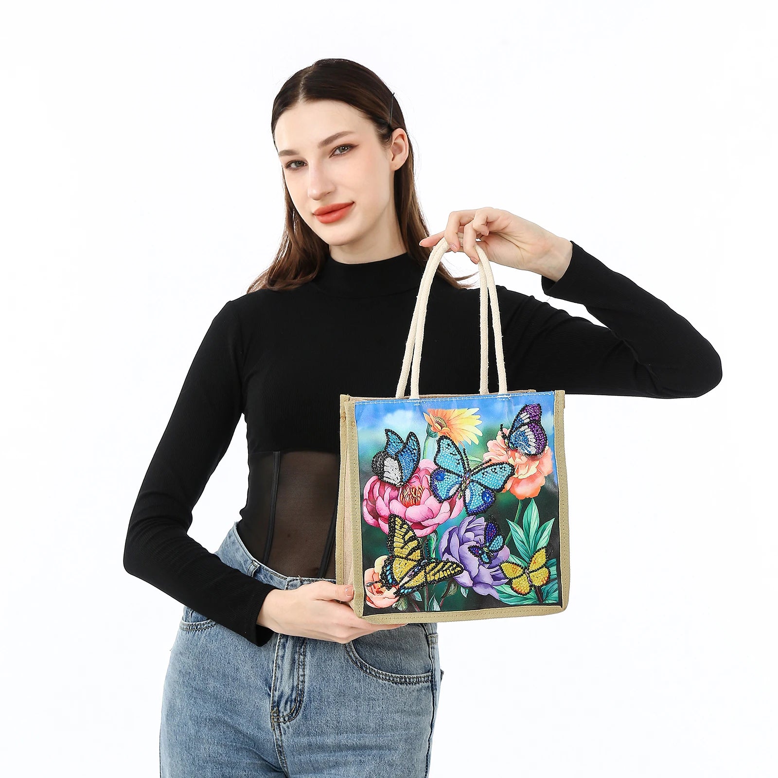 Flower Butterfly Diamond Art Painting Tote Bag,5D DIY Rhinestone Cross Stitch Shopping Bag Shoulder Bag Canvas Grocery Bag