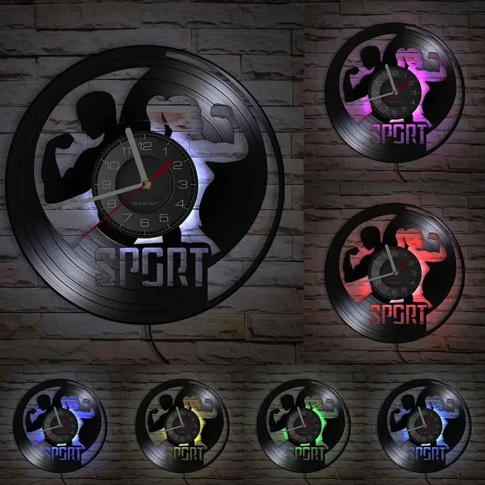Fitness Theme Vinyl Record Wall Clock – LED Backlight Home Décor | 30cm