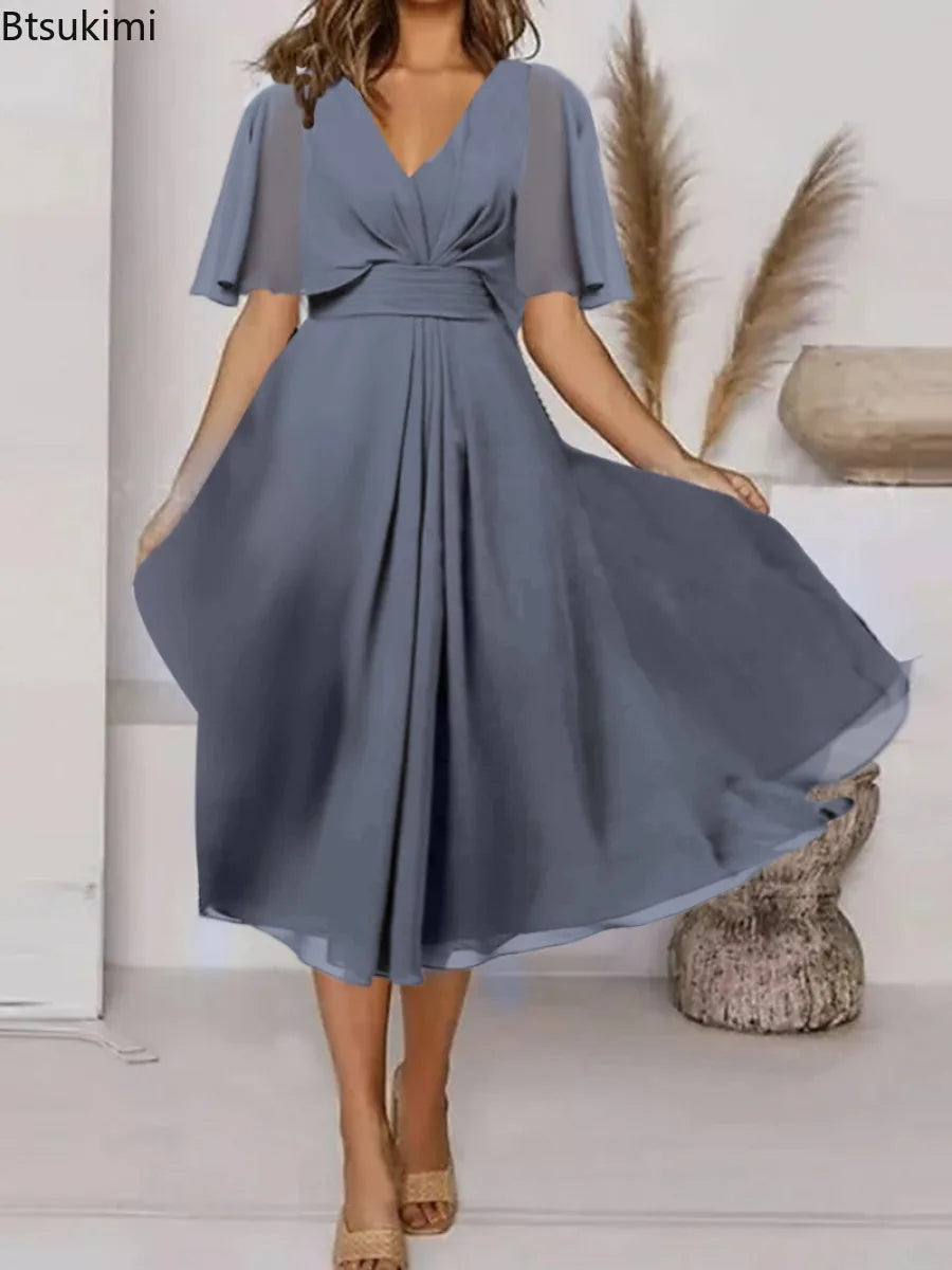 Women's V-Neck Ruffle Chiffon A-Line Maxi Dress