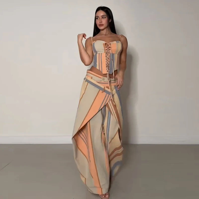 Loose Geometric Print Shirt Pant Sets for Women Ribbon Lapel Full Sleeve Pocket Shirts Wide Leg Trouser Summer Casual Suits