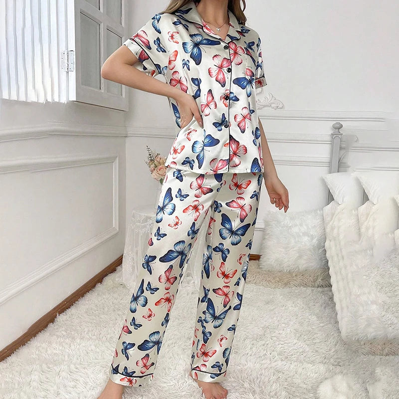 Women’s Satin Print Long Sleeve Button-Up Pajama Set – Full-Length Pants, 11 Colors, Sizes S–1XL