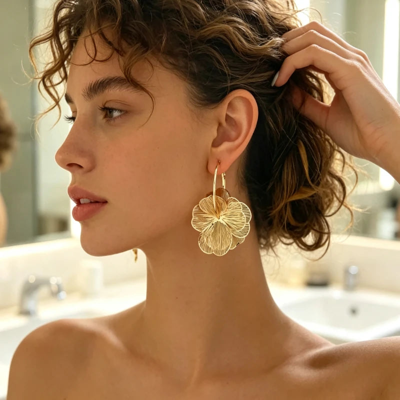 Vintage Layered Flower Dangle Hoop Earrings – Two-Tone Bohemian Floral Drop Earrings for Women