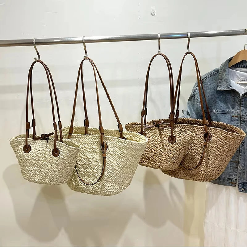 Women's Woven Straw-Style Bucket Tote Bag