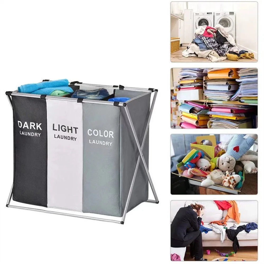 3 Grids Foldable Laundry Basket Large Capacity Toys Clothes Organizer Aluminum Bracket Waterproof Bathroom Laundry Basket Hamper