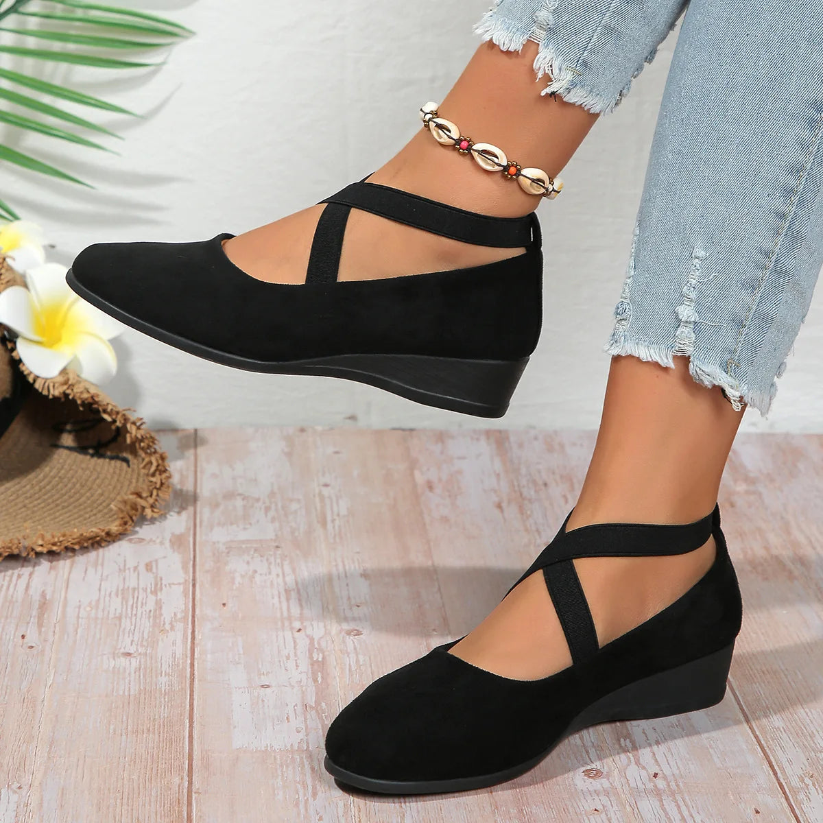 Women's Wedge Heel Pointed Toe Ankle Strap Pumps