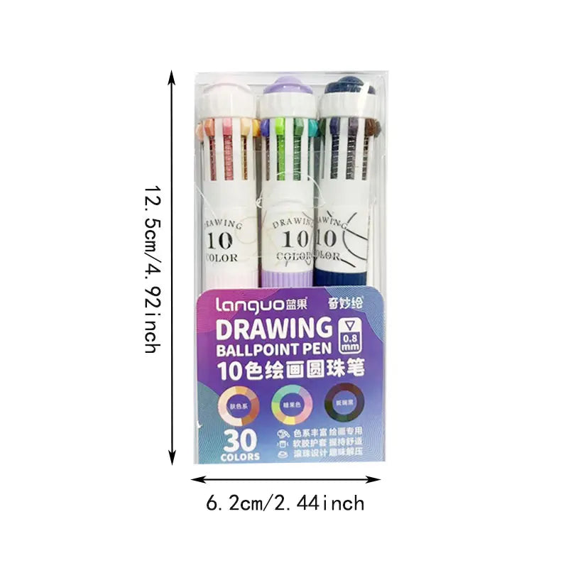 3 Pcs/Set Creative 10 In 1 Colored Drawing Ballpoing Pens 58 Colors Student Painting Diary Writing Pen Stationery